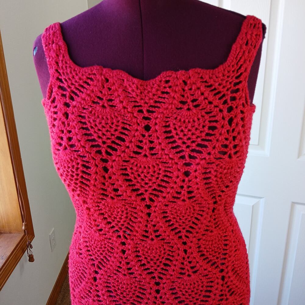 Hand Crafted Red Crochet Lace Gown M L XL 2X bodycon midi tube dress swim cover - Picture 8 of 11